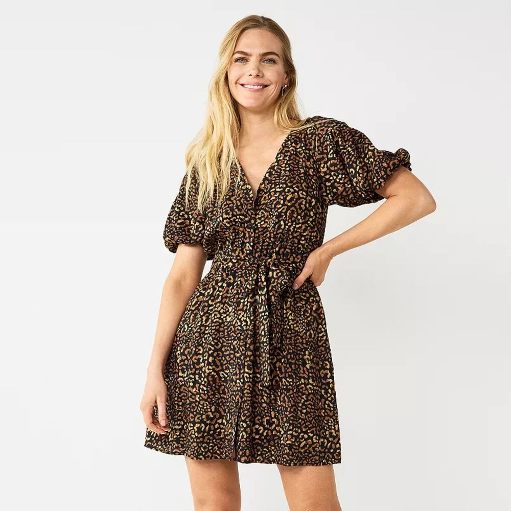 Nine West | NWT Puff Sleeve Animal Print Button Front Mini Dress | Medium